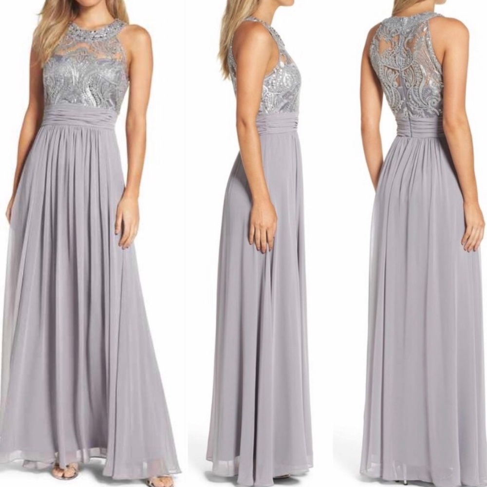 Eliza J gown: Chiffon, SilverHalter Dress, size 12